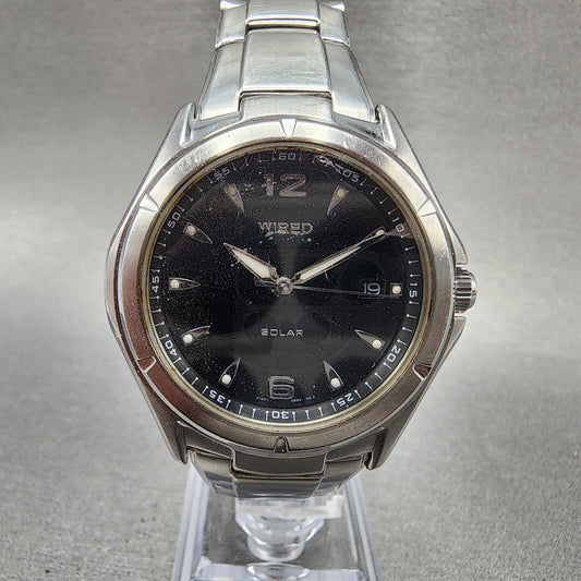 Seiko Wired Solar Watch Men 37mm Black Dial Silver Tone Date V145-0av0 Runs