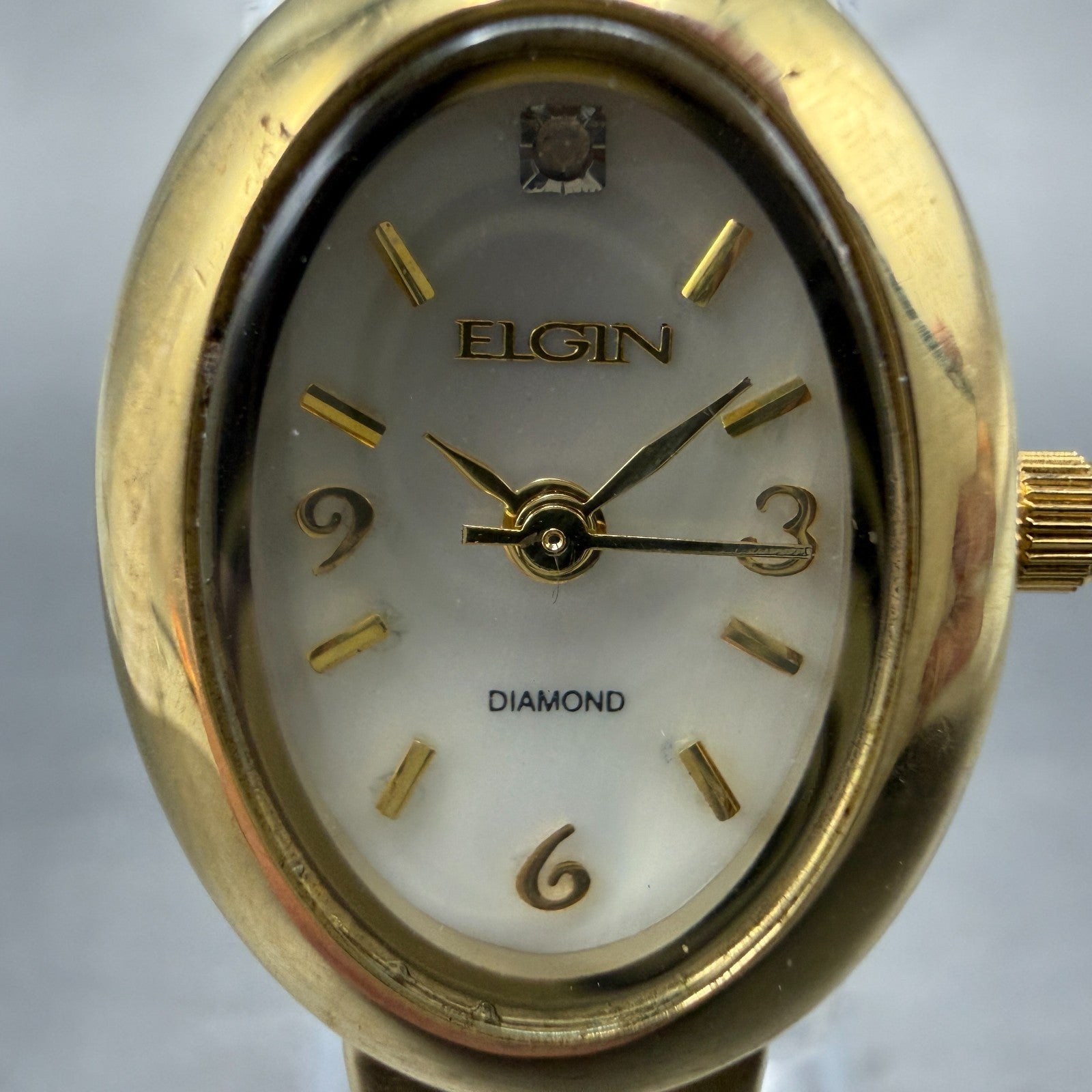 Elgin Watch Women 18mm MOP Dial Gold Tone Oval EG8074 Diamond New Battery GT761