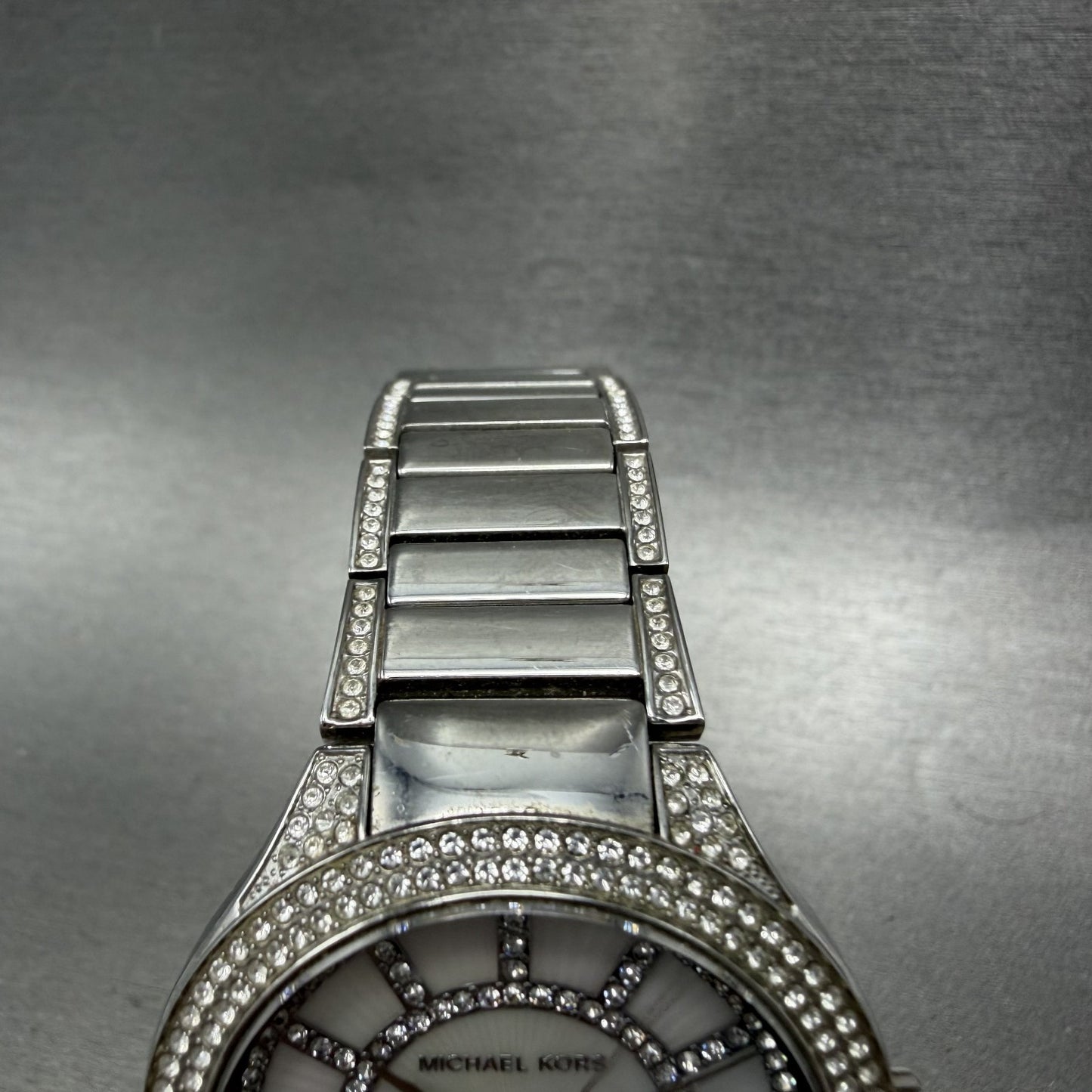 Michael Kors Kerry Watch Women 37mm MOP Dial Silver Tone Crystal Accent New Batt4