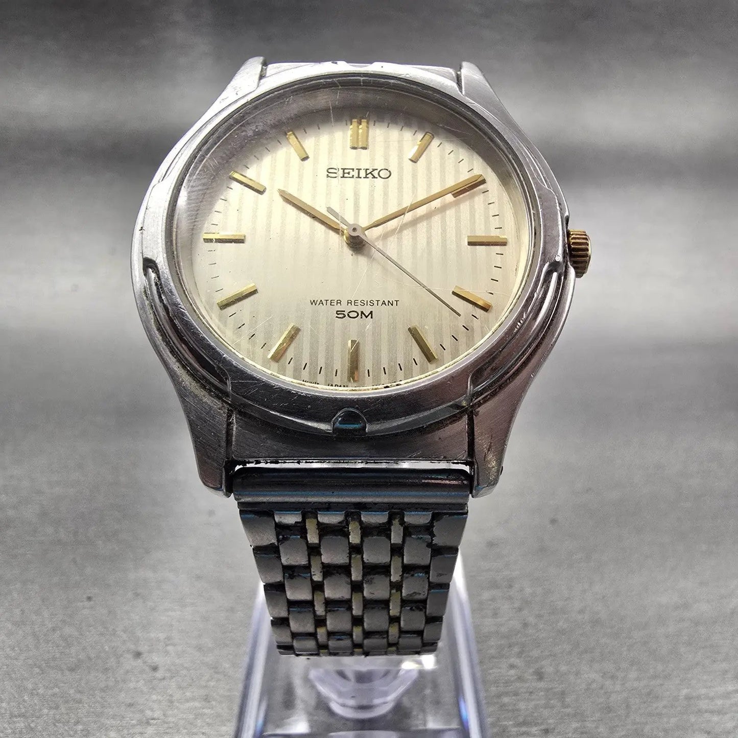 Seiko Watch Men 36mm Champagne Dial Silver Tone Round 7N01-0AL0 New Battery VTG5