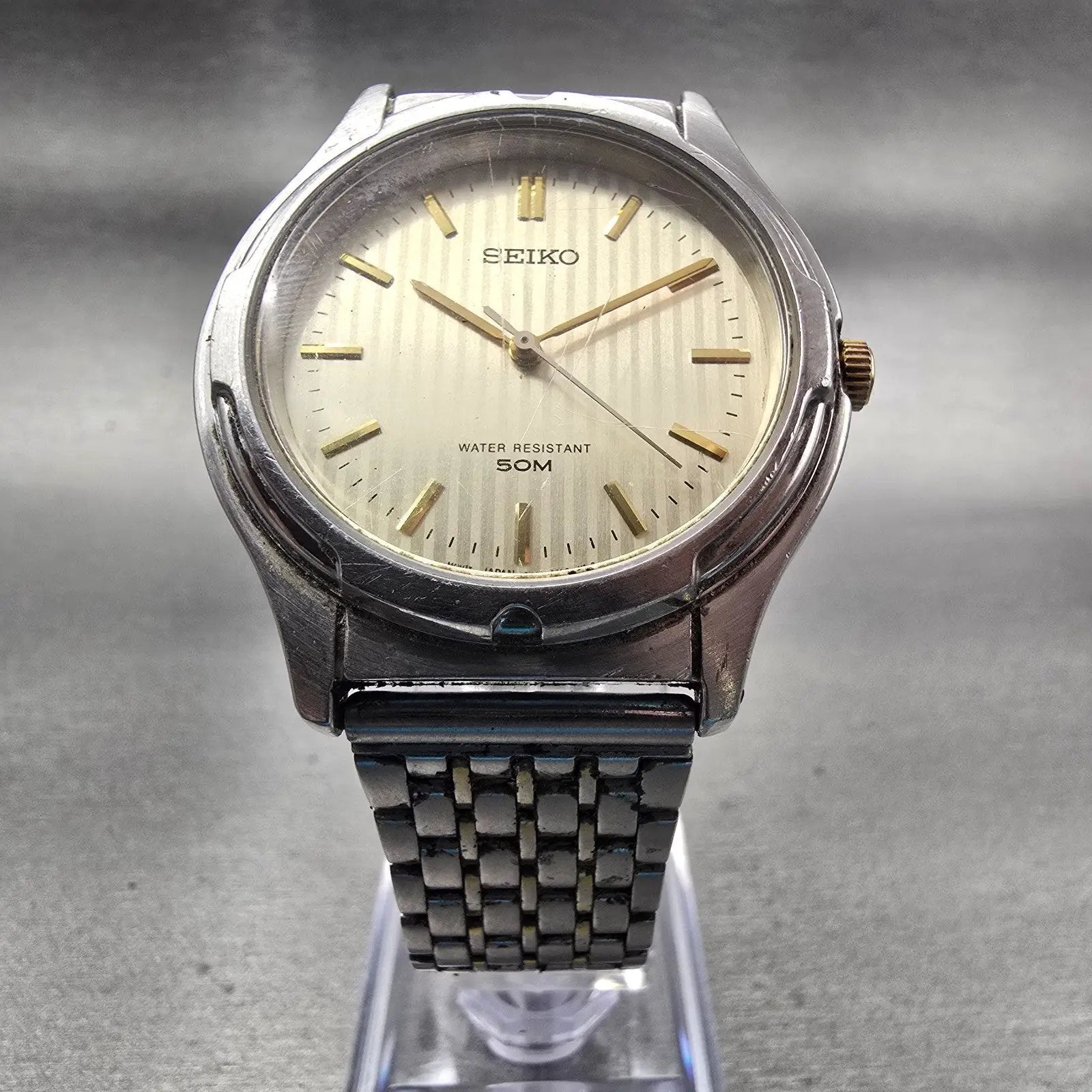 Seiko Watch Men 36mm Champagne Dial Silver Tone Round 7N01-0AL0 New Battery VTG5
