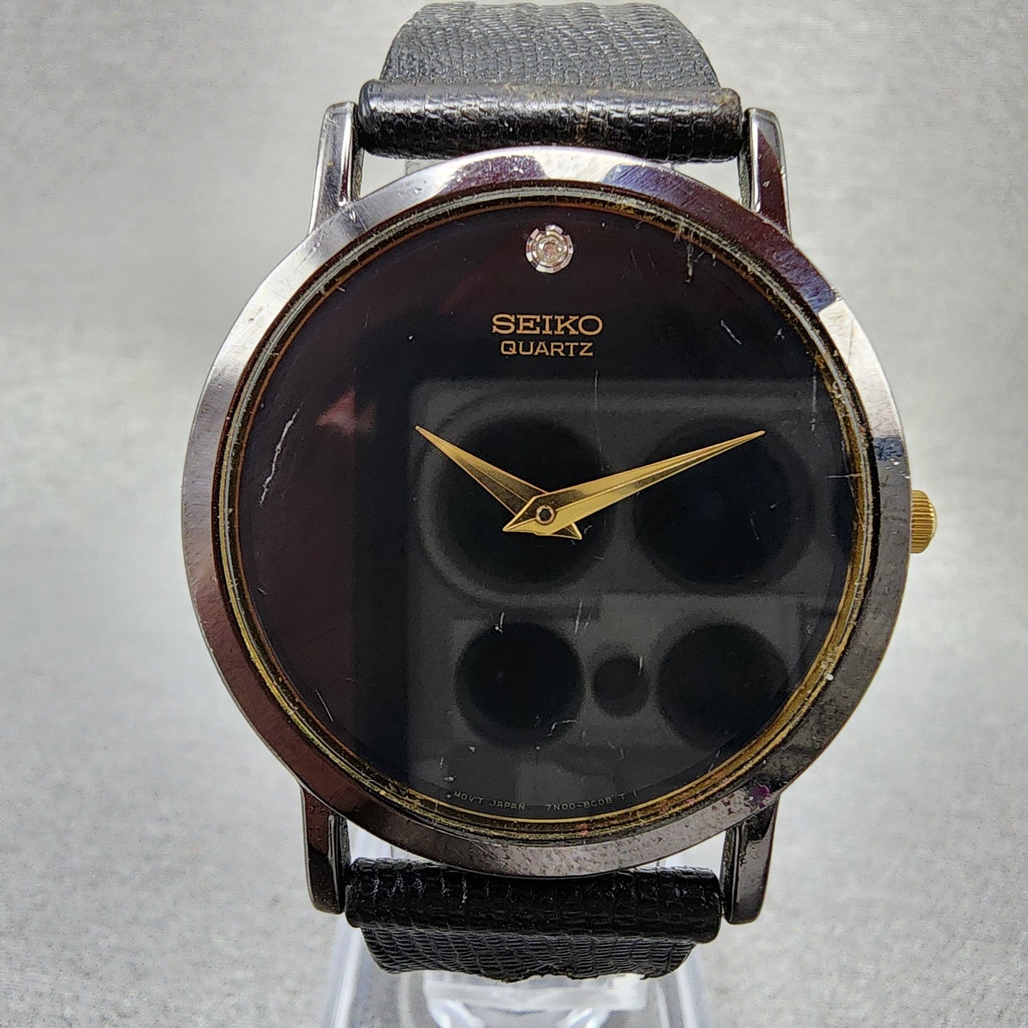 Seiko Watch Men 34mm Black Dial Black Tone Round 7n00-8a49 New Battery