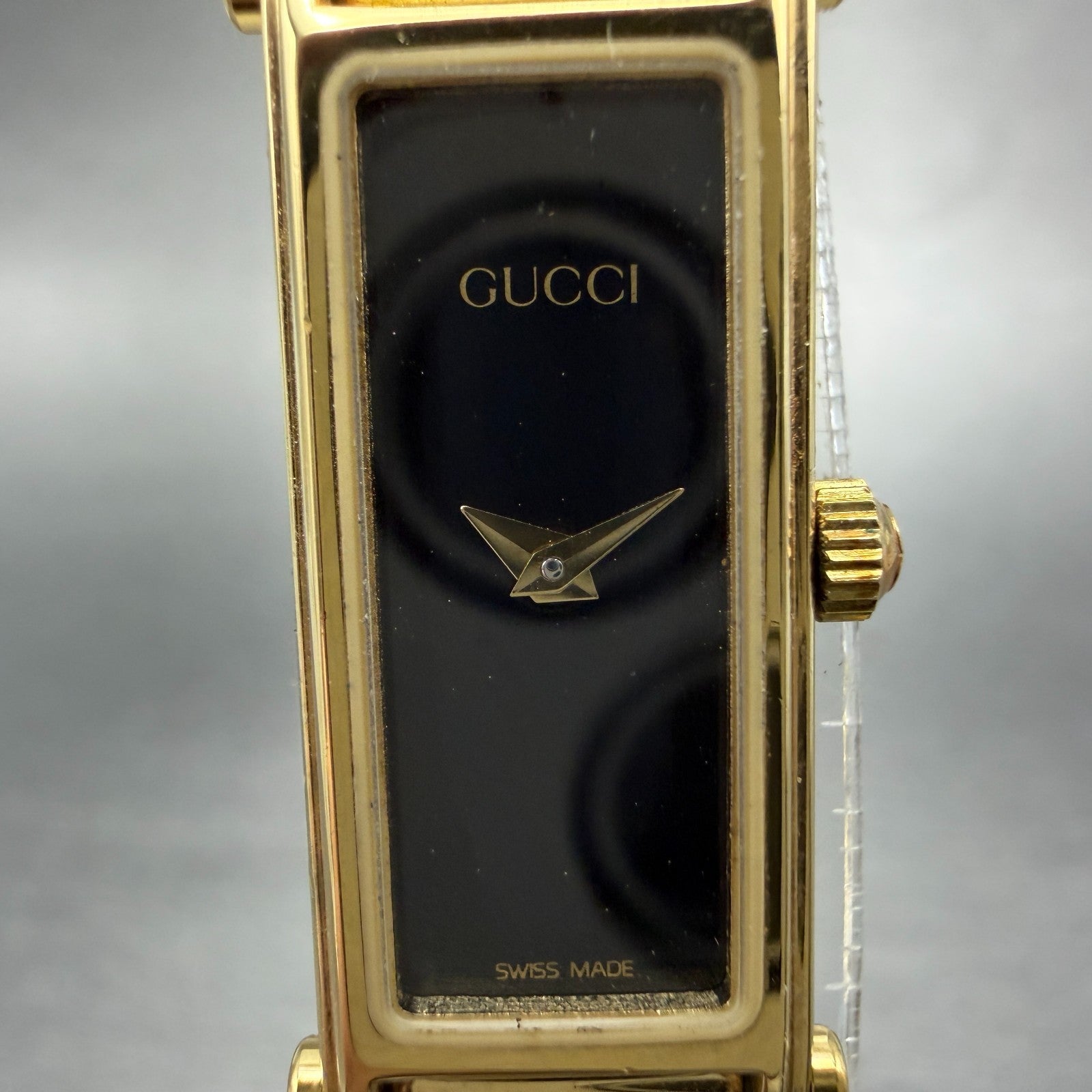 Gucci 1500L Tank Watch Women 12mm Black Dial Gold Rectangle Bangle New battery A1