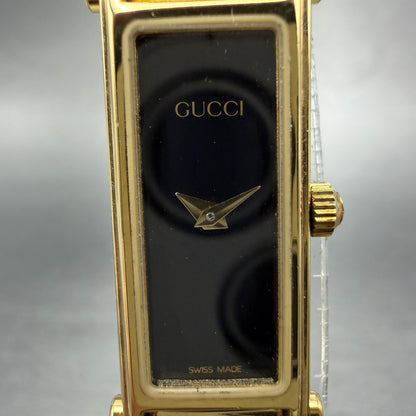 Gucci 1500L Tank Watch Women 12mm Black Dial Gold Rectangle Bangle New battery A1