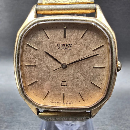 Seiko Watch Men 32mm Gold Dial Gold Tone Rectangle 9721-5030 New Battery Vintage1