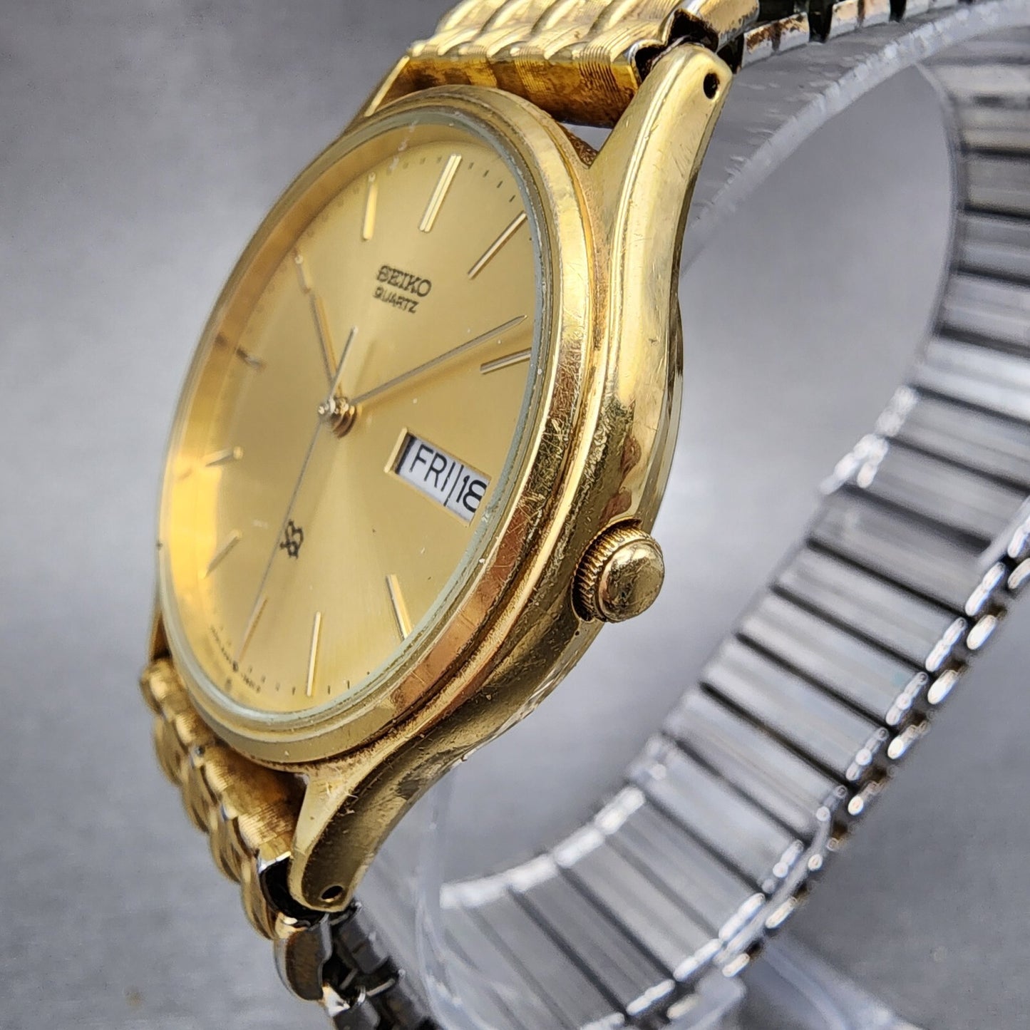 Seiko SQ Watch Men 33mm Champagne Dial Gold Tone Daydate 5h237b09 New Battery2