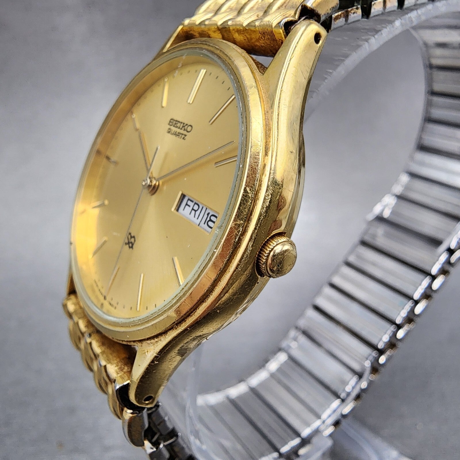 Seiko SQ Watch Men 33mm Champagne Dial Gold Tone Daydate 5h237b09 New Battery2