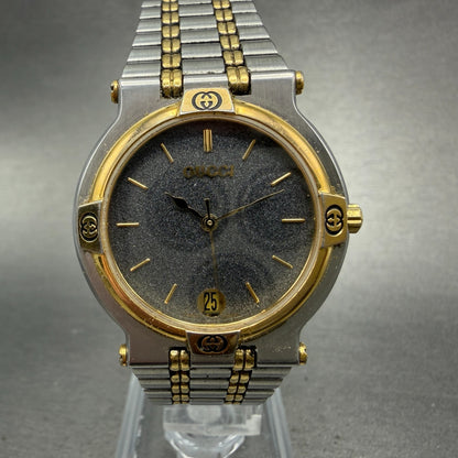 Gucci 9000M Watch Men 32mm Silver Dial Two Tone Date Round Bracelet New Battery0