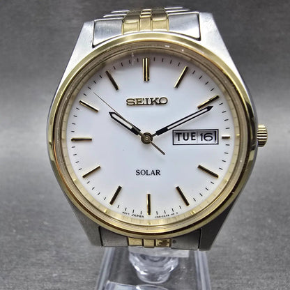 Seiko Solar Watch Men 37mm White Dial Two Tone Daydate Round V158-0AA0 Works JP20