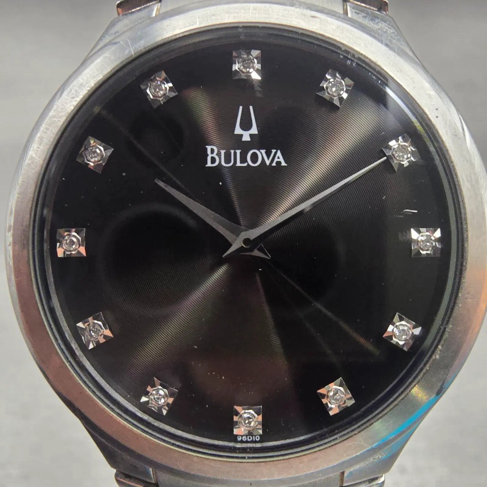 Bulova Watch Men 36mm Black Dial Silver Tone Gemmed Round 96D10 New Battery1