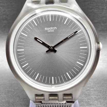 Swatch Skinmesh Watch Men 35mm Silver Dial Mesh Band Round SVOM100M New Battery1