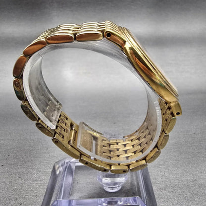 Seiko Watch Men 33mm White Dial Gold Tone Date Round V739-0A59 New Battery VTG8