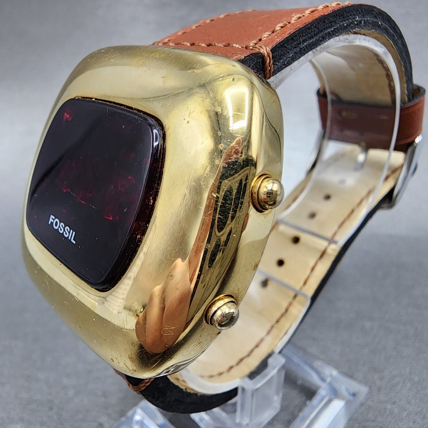 Fossil Red LED Watch Men 43mm Black Dal Gold Tone Cushion JR-7776 New Battery