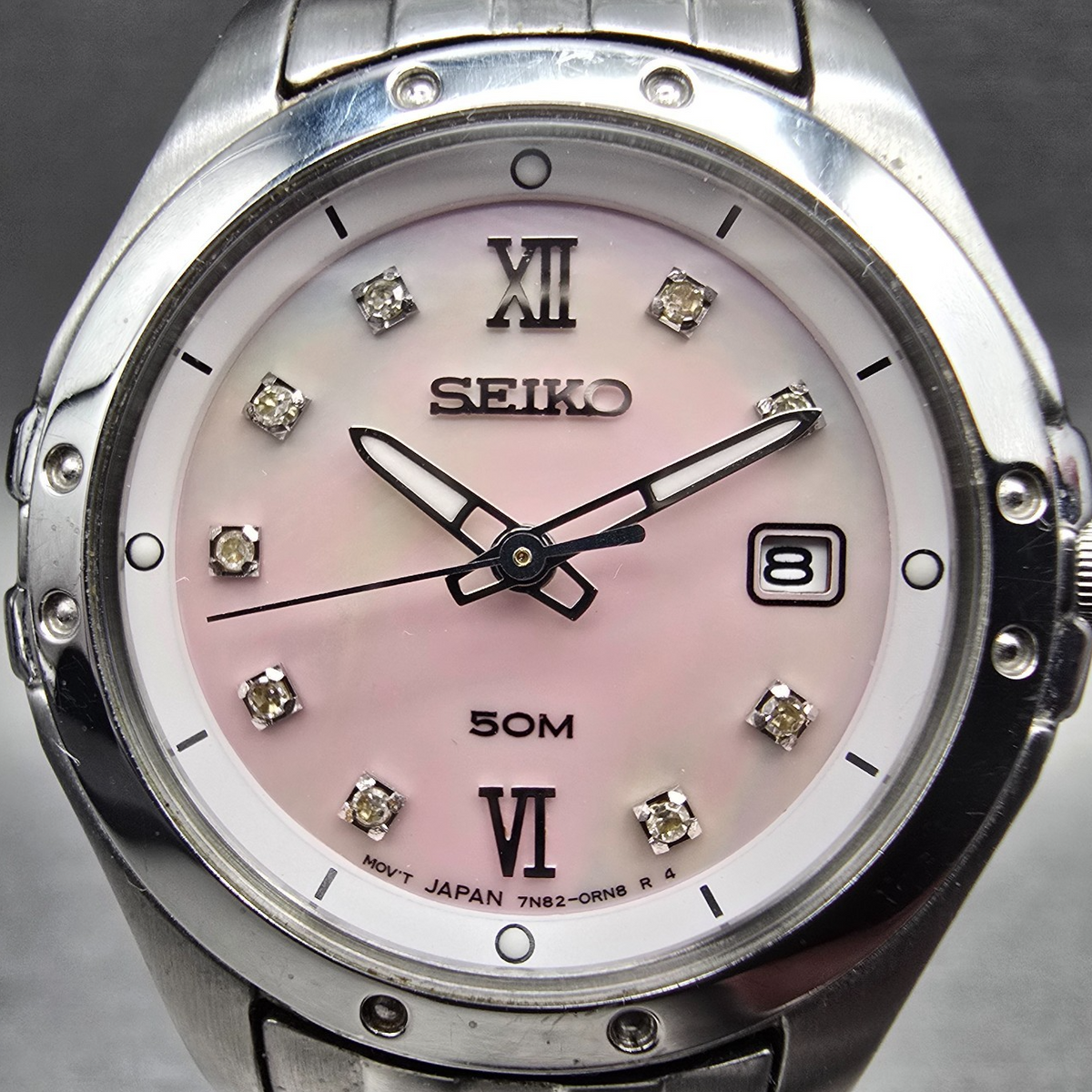 Seiko Watch Women 28mm MOP Dial Silver Tone Date Diamonds 7N82-0GZ0 New Battery1