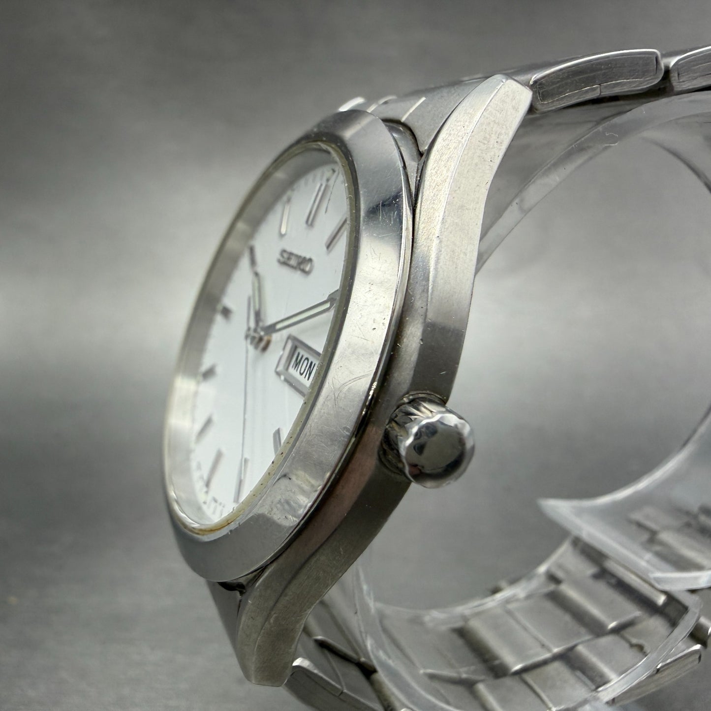Seiko Watch Men 37mm White Dial Silver Tone Daydate Round 7N43-9080 New Battery2
