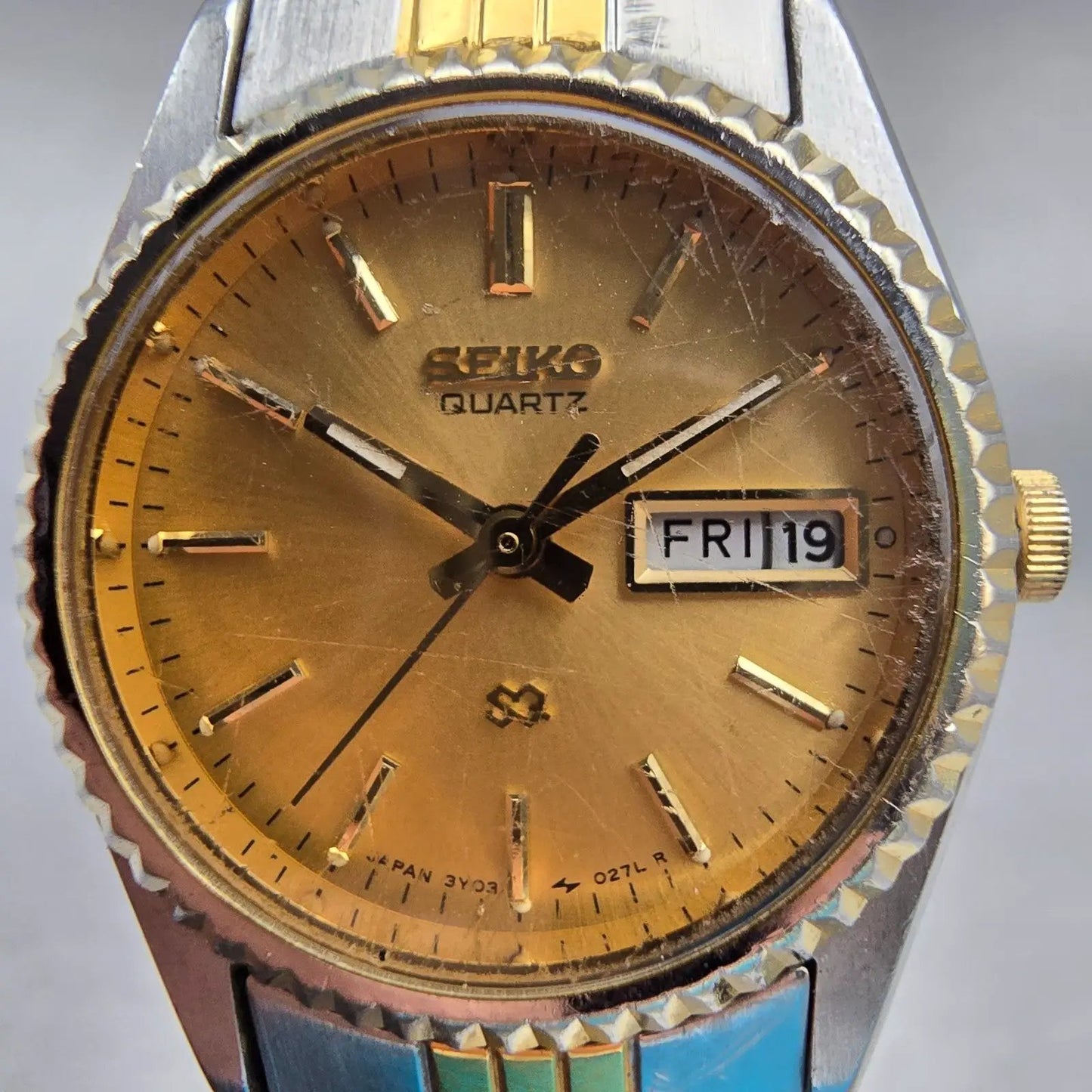 Seiko SQ Watch Women 24mm Gold Dial Two Tone Daydate Round 3Y03-0169 New Battery1
