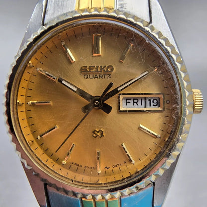 Seiko SQ Watch Women 24mm Gold Dial Two Tone Daydate Round 3Y03-0169 New Battery1