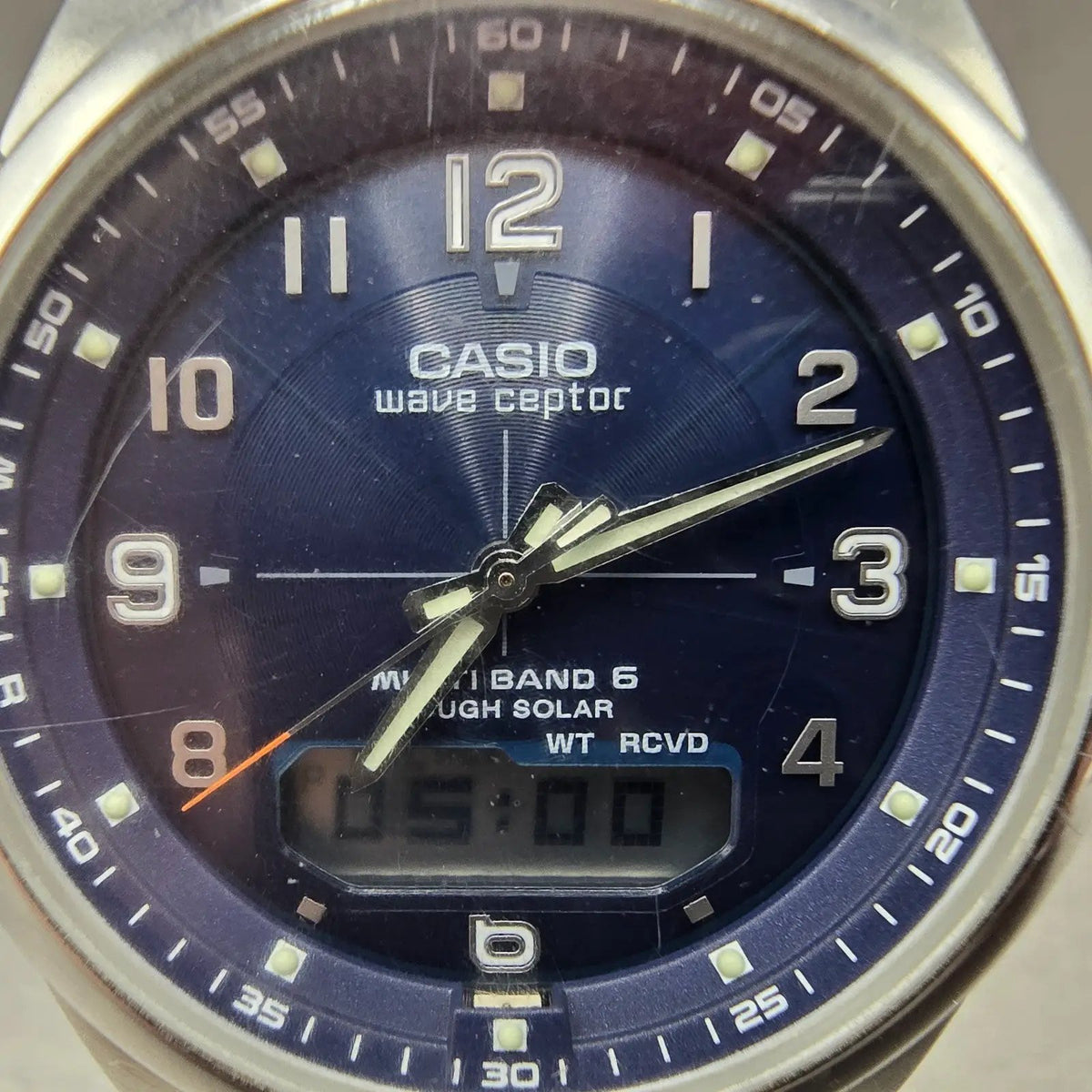 Casio Wave Ceptor Watch Men 43mm Blue Dial Silver Solar Alarm Daydate Works JP1