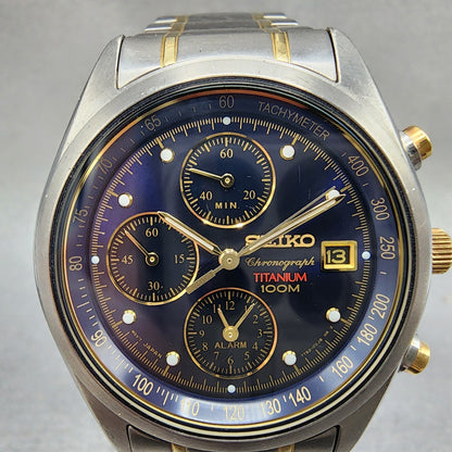 Seiko Chronograph Watch Men 38mm Blue Dial Titanium Date Alarm 7T620FD0 PARTS2