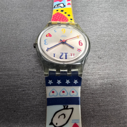 Swatch Kid's Patchwork Watch Women 25mm Silver Dial Clear Case LN141 New Battery7