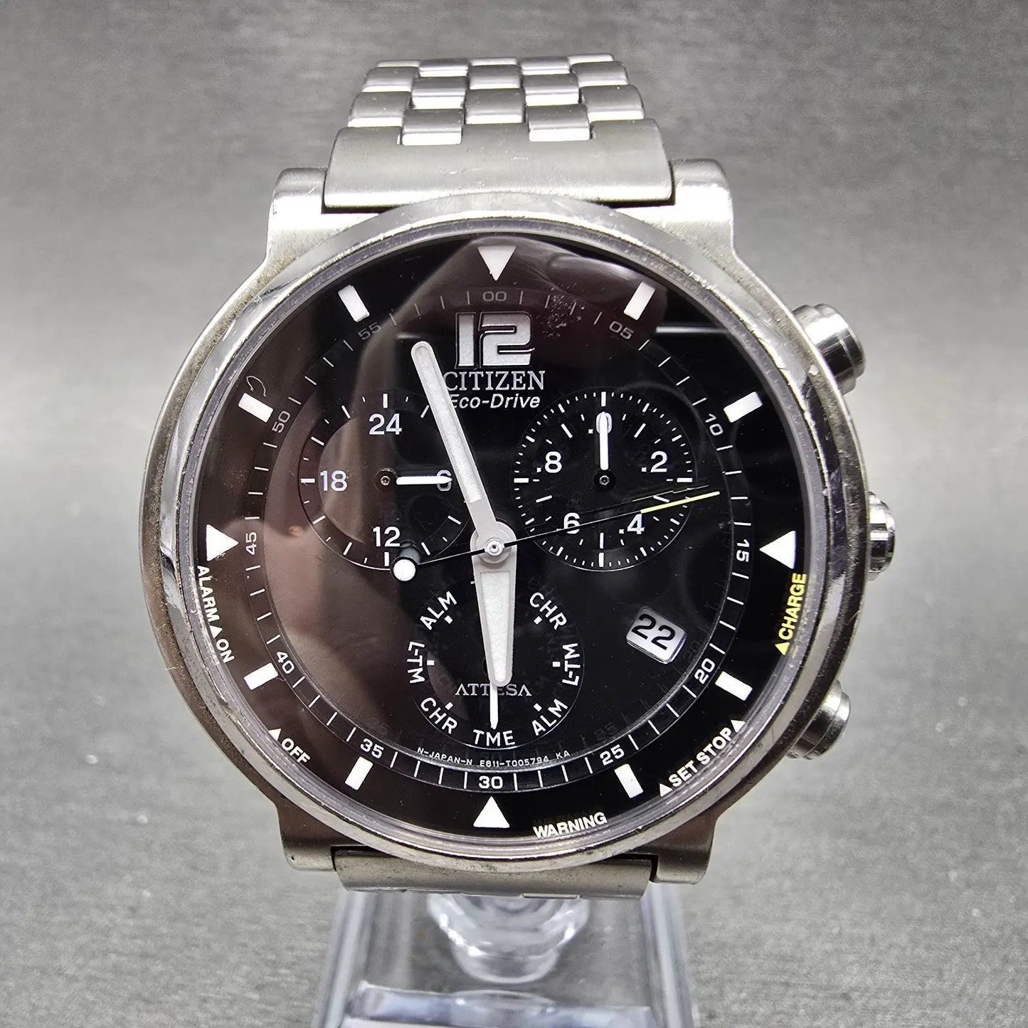 Citizen Eco-Drive Attesa Watch Men 38mm Black Dial Titanium Chrono Alarm Works0