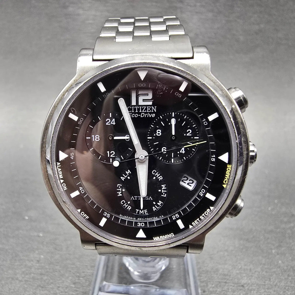 Citizen Eco-Drive Attesa Watch Men 38mm Black Dial Titanium Chrono Alarm Works0