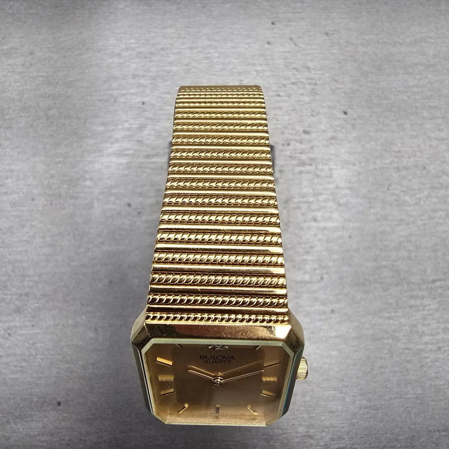 Bulova Watch Men 25mm Gold Dial Gold Tone Gem Stone Rectangle 92M45 New Battery4