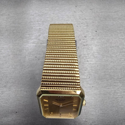 Bulova Watch Men 25mm Gold Dial Gold Tone Gem Stone Rectangle 92M45 New Battery4