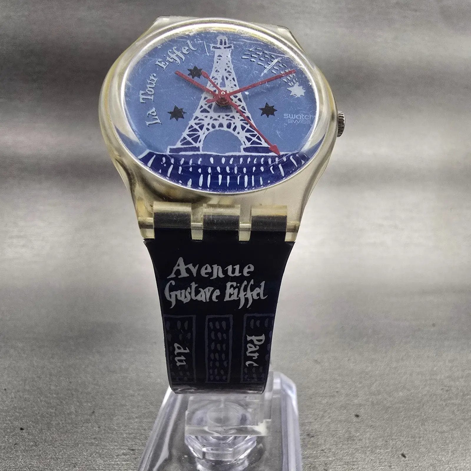 Swatch TITI PARISIEN Watch Unisex 34mm Blue Dial Clear Case GK276 New Battery5
