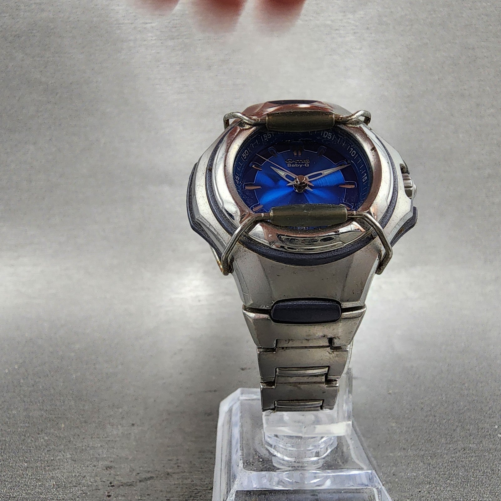 Casio BabyG GMS Watch Women 35mm Blue Dial Silver Tone Round MSG600 New Batt5