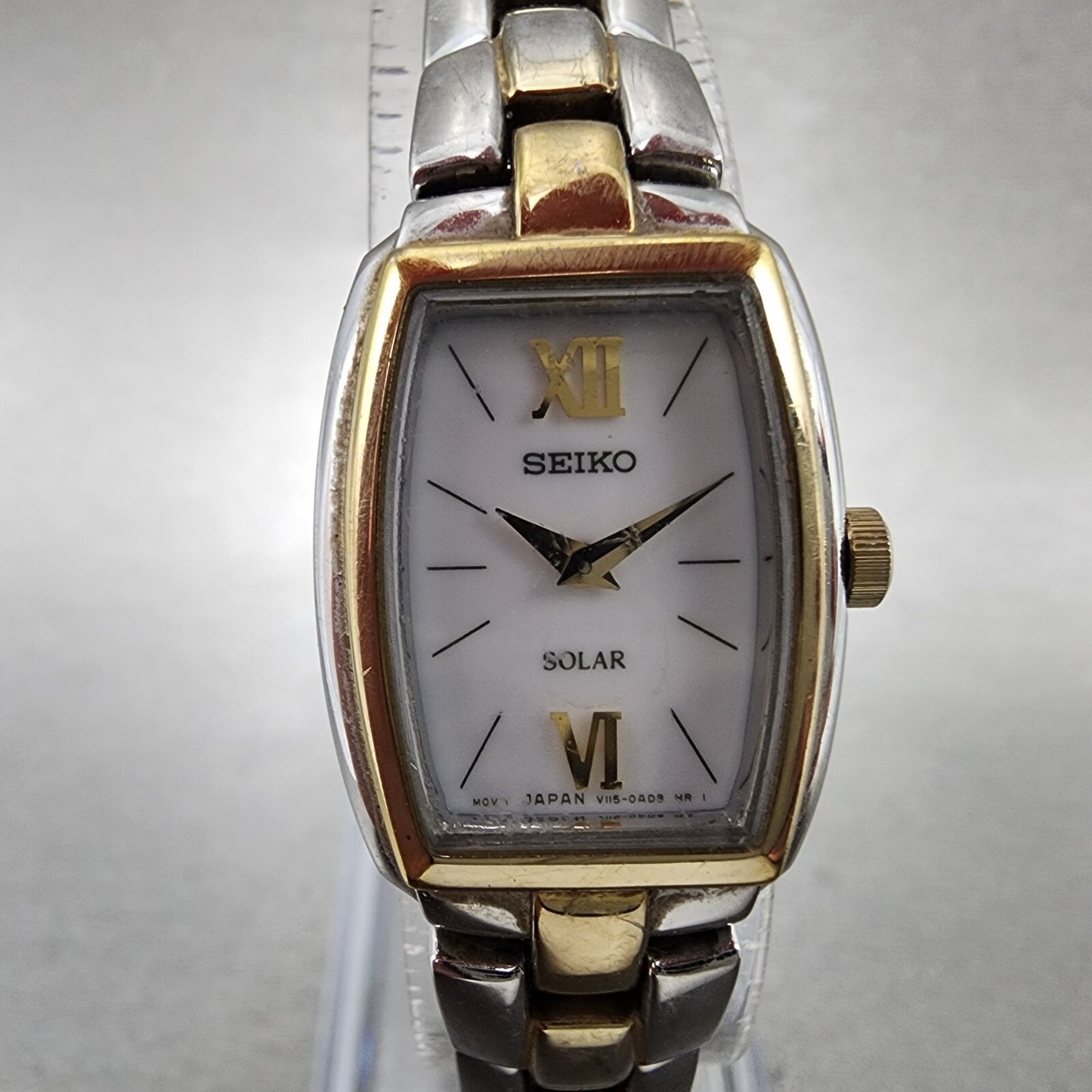 Seiko Solar Watch Women 18mm White Dial Two Tone Rectangle V115-0AA0 Works