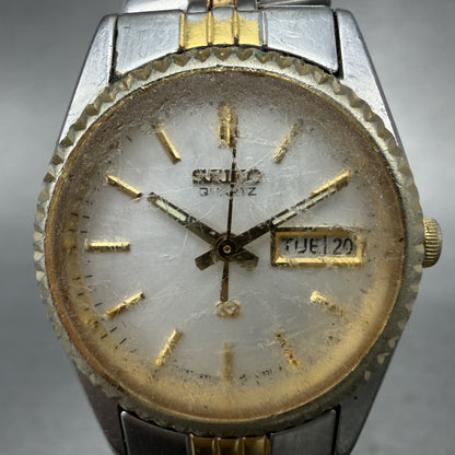 Seiko SQ Watch Women 24mm White Dial Two Tone Daydate 3y03-0169 New Battery KFW1