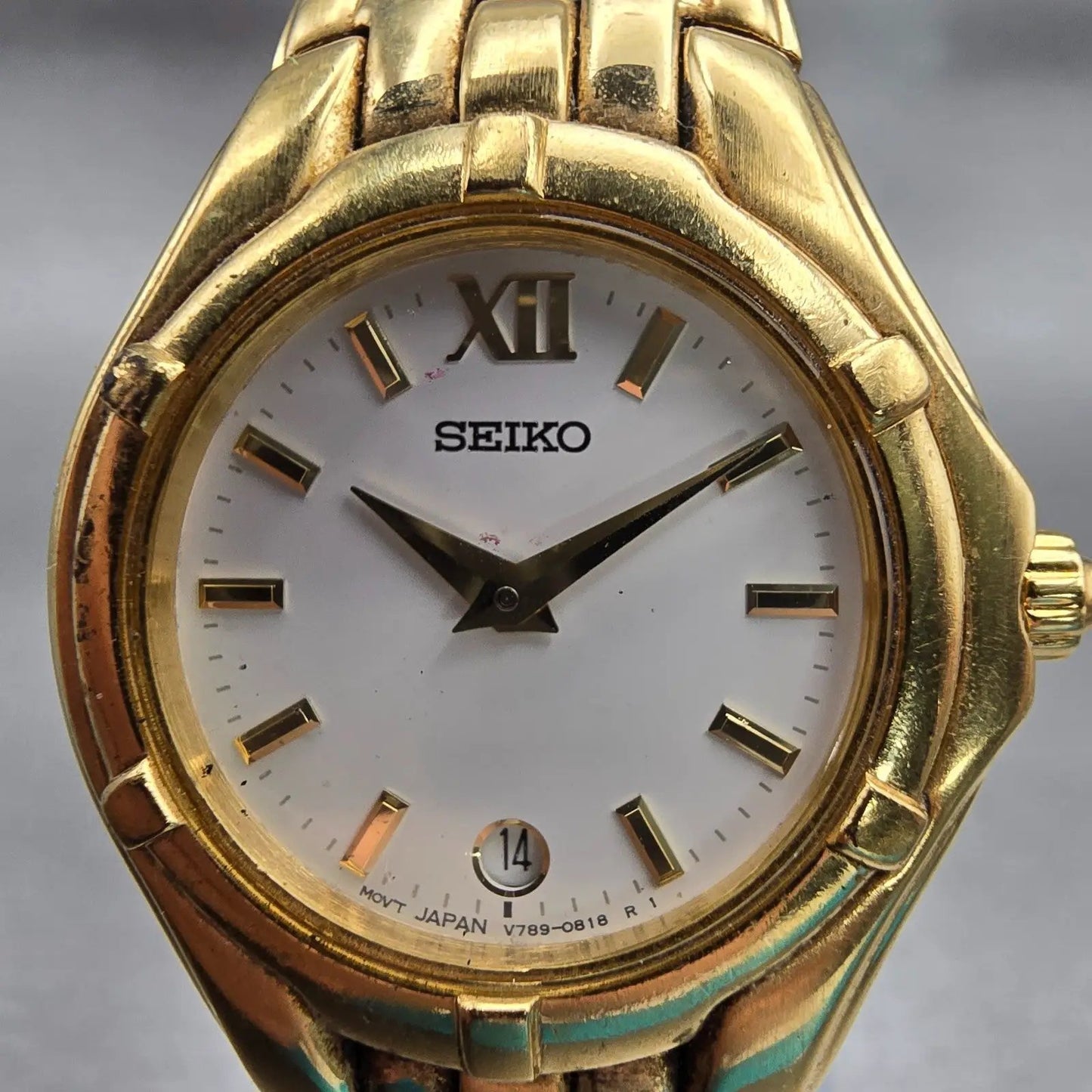 Seiko Watch Women 26mm White Dial Gold Tone Date Round V789-0369 New Battery VTG1