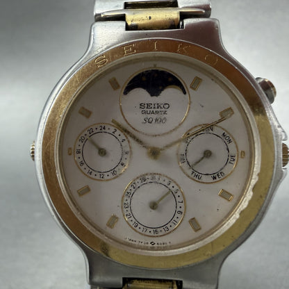 Seiko Moon Phase Watch Men 35mm White Dial Two Tone Daydate 7F38-6110 NewBattery1
