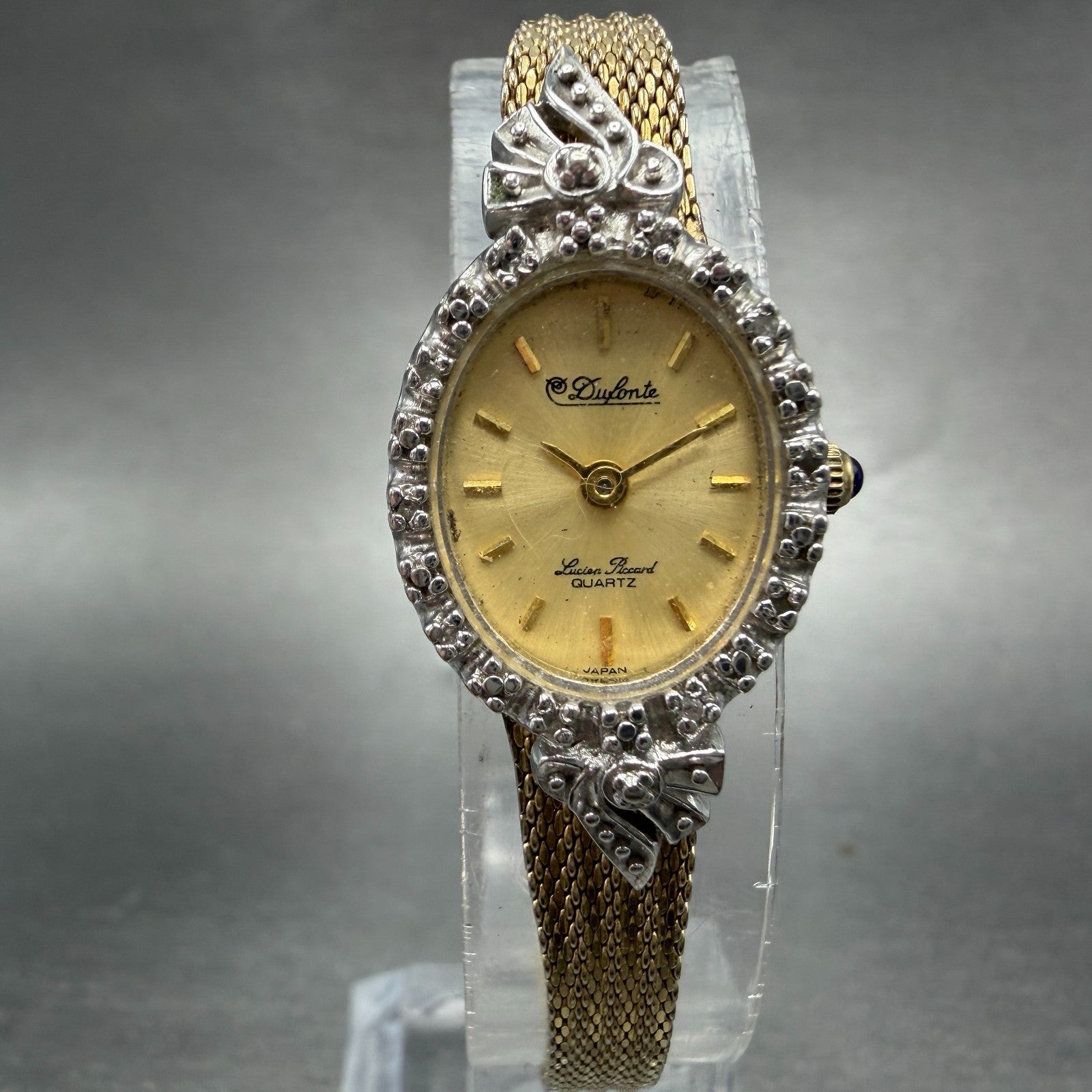 Lucien Piccard Dufonte Watch Women 17mm Champagne Dial Gold Diamond Bezel NewBat0