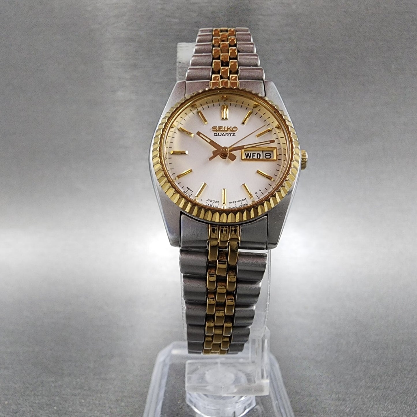 Seiko Watch Women 24mm White Dial Two Tone Daydate Round 7N830041 New Batt B1235
