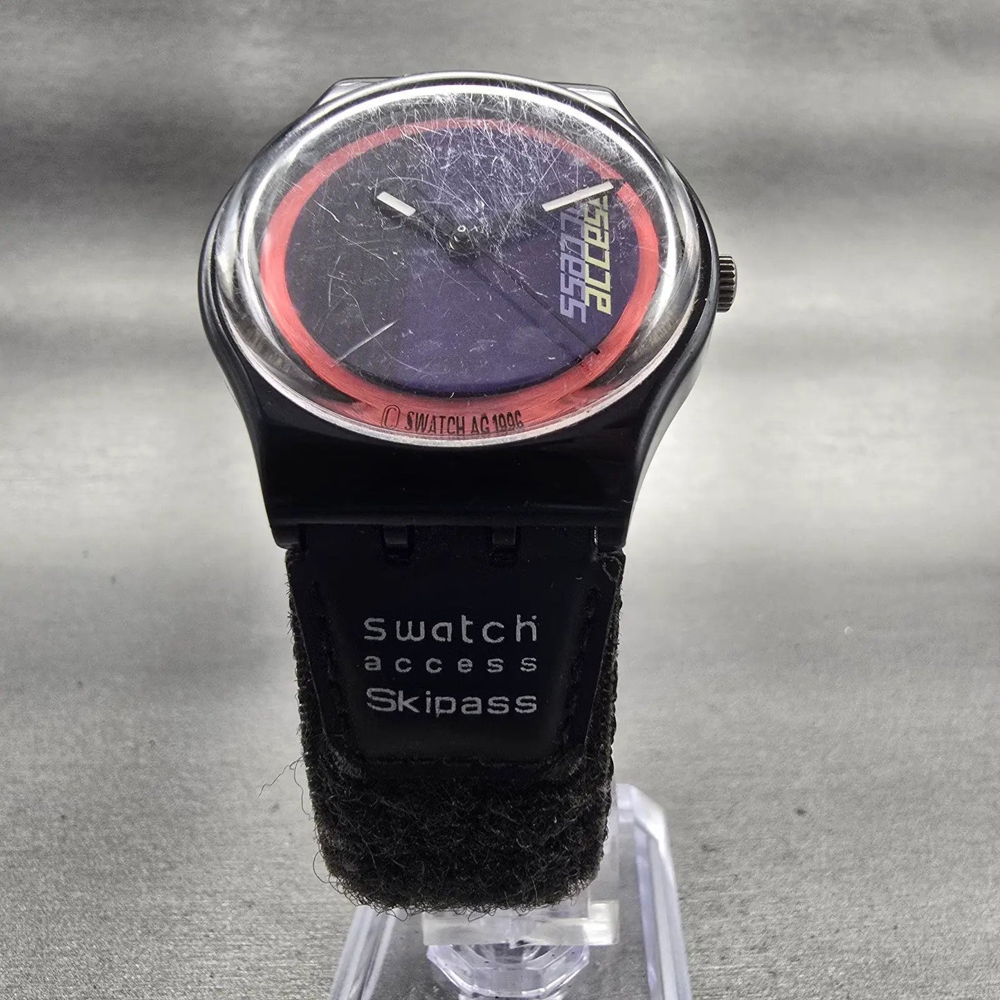 Swatch Access DOUBLE LOOP Watch Men Purple Dial Black Tone SKB100 New Battery5