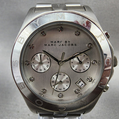 Marc Jacobs Blade Chronograph Watch Women 39mm Silver Dial Steel Date New Batt1