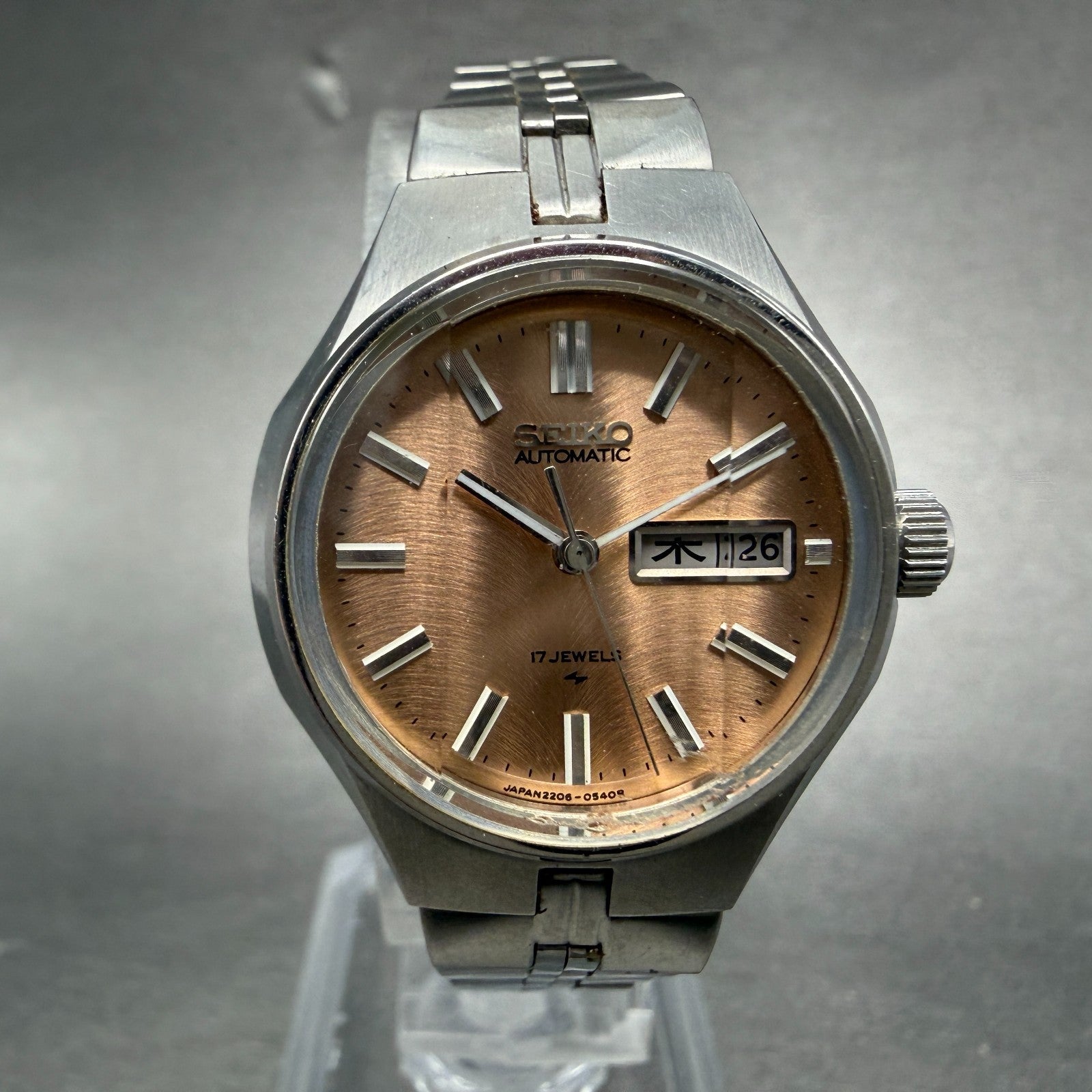 Seiko Automatic Watch Women 26mm Rose Dial Silver Tone Daydate 2206-0560 Runs0