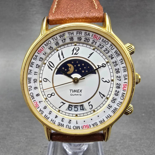 Timex Sun&Moon Watch Men 37mm White Dial Gold Tone Daydate Round New Battery NJ0