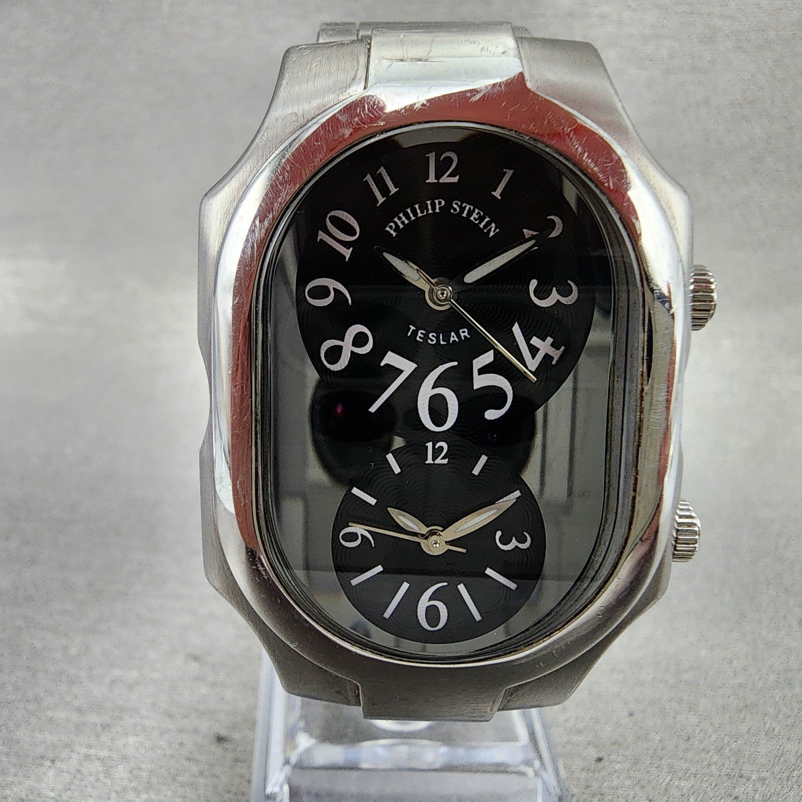 Philip Stein Teslar Watch Men 32mm Black Dial Steel Dual Time Oval New Battery1