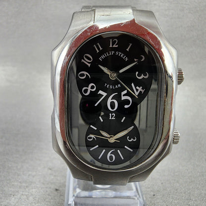Philip Stein Teslar Watch Men 32mm Black Dial Steel Dual Time Oval New Battery1