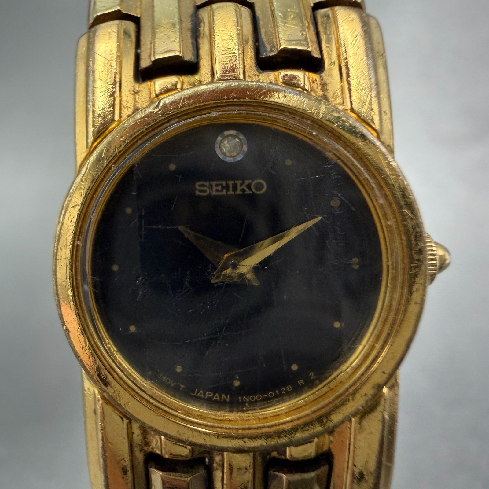 Seiko Watch Women 18mm Black Dial Gold Tone Round 1N00-0029 New Battery Vintage1