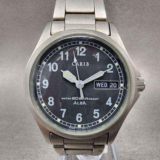 Seiko Alba Carib Watch Men 36mm Black Dial Silver Tone Daydate V743-8000 New Bat
