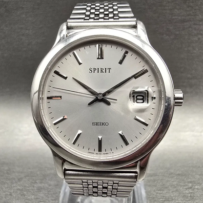 Seiko Spirit Watch Men 33mm Silver Dial Silver Tone Date Round 5E32-6A40 New Bat0