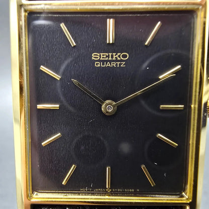 Seiko Tank Watch Men 25mm Black Dial Gold Rectangle 5Y30-5069 New Battery JP22