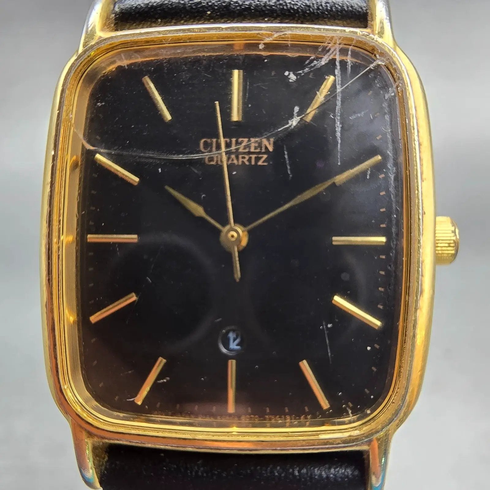 Citizen Watch Men 27mm Black Dial Gold Tone Date Rectangle 5010 New Battery1