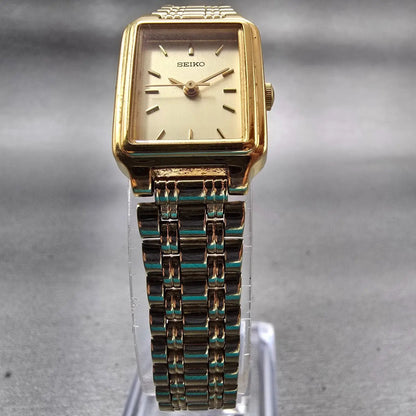 Seiko Watch Women 17mm Gold Dial Gold Tone Rectangle 1N01-5E70 New Battery VTG5