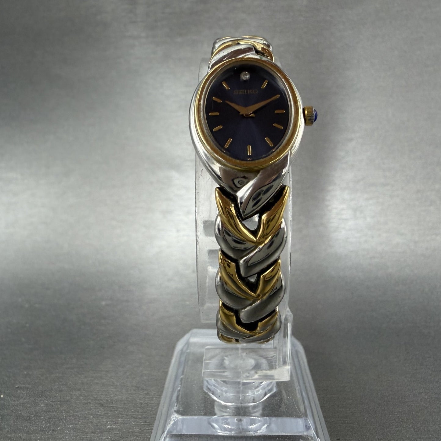 Seiko Watch Women 18mm Blue Dial Two Tone Oval Diamond 1N00-0BL0 New Battery5