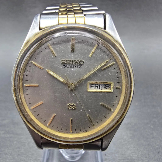 Seiko SQ Watch Men 35mm Gray Dial Two Tone Daydate Round 5Y23-8040 PARTS JP0